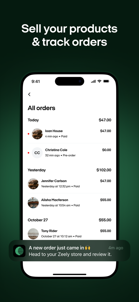 Zeely App-Oberfläche, die eine Kundenbestellliste und Echtzeit-Verkaufsbenachrichtigungen anzeigt