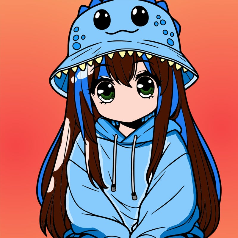 girl with anime shaped eyes with a dinosaur bucket hat oversized sweatshirt long straight hair