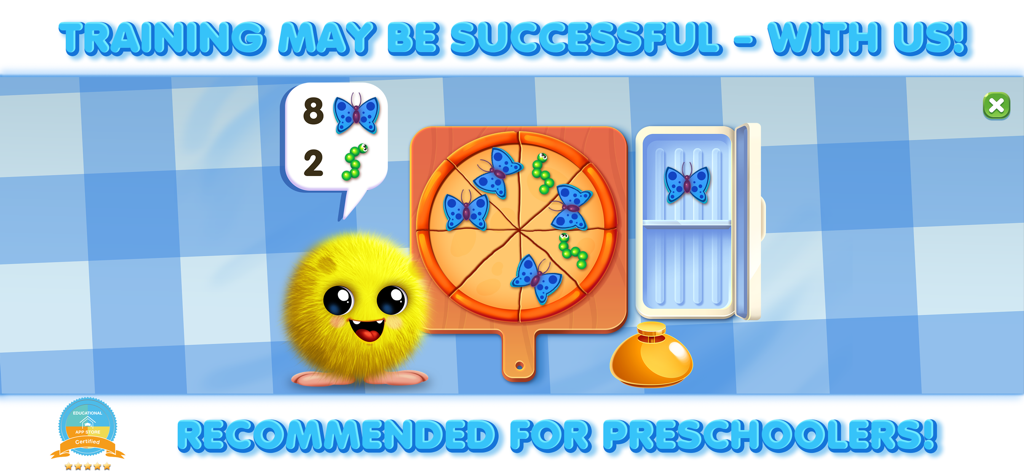A yellow character teaching preschoolers to count butterfly and caterpillar toppings on a pizza in the World of Numbers app.