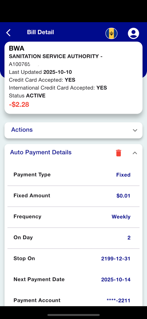 SurePay Mobile app bill detail screen displaying scheduled auto payment settings for a sanitation service provider