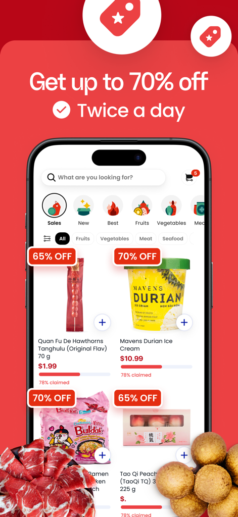 Weee! #1 Asian Grocery App - Screenshot dell'interfaccia dell'app Weee che mostra offerte lampo di generi alimentari giornaliere con sconti fino al 70% su articoli come gelato al durian e ramen.