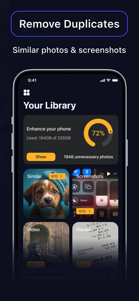 AI Cleaner Pro Photos app interface showing storage usage and categories for similar photos and screenshots
