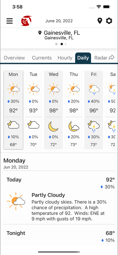 Florida Storms - Screenshot of the Florida Storms app showing a seven day weather forecast and detailed daily outlook for Gainesville Florida