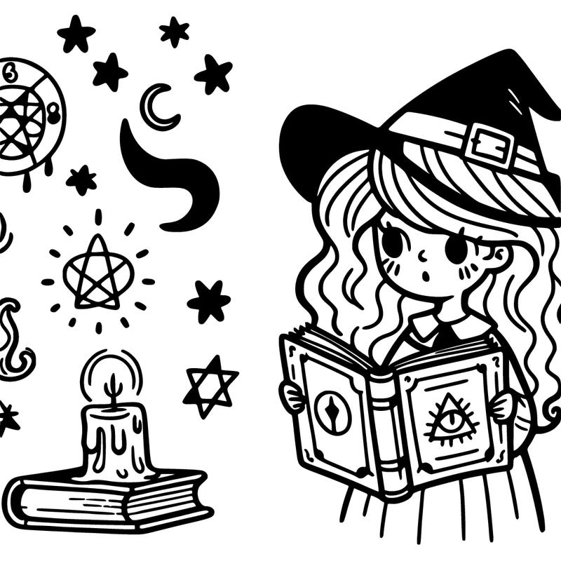 witch with witchy symbols and a spellbook