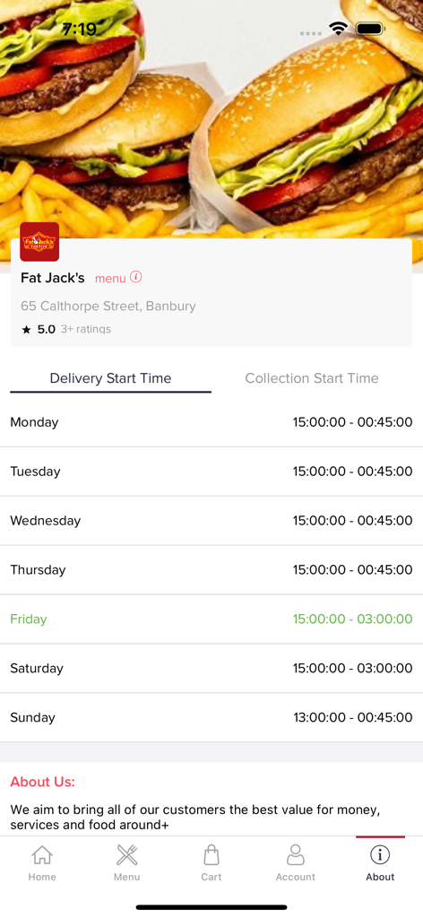 FATJACK'S - Fat Jack's mobile app screen showing restaurant delivery times and about us section