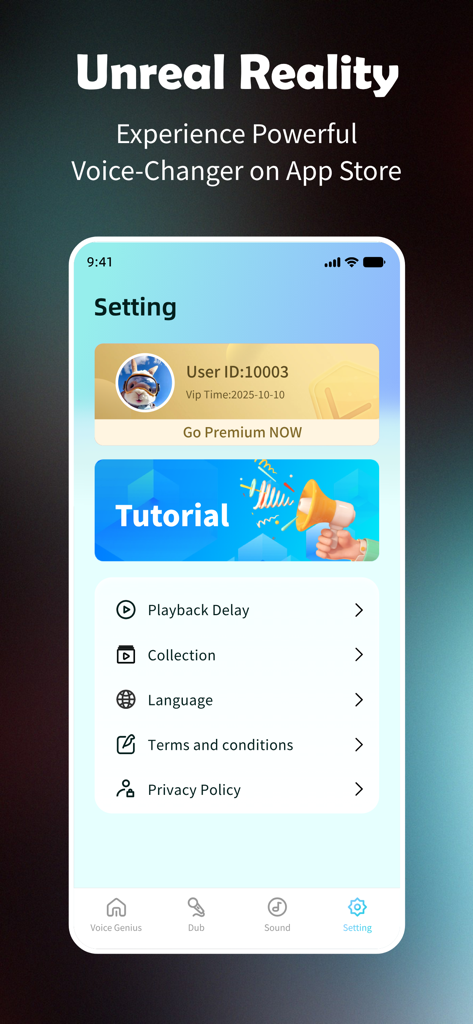 Voice Genius - AI Parody - Voice Genius app settings screen with user profile and tutorial button