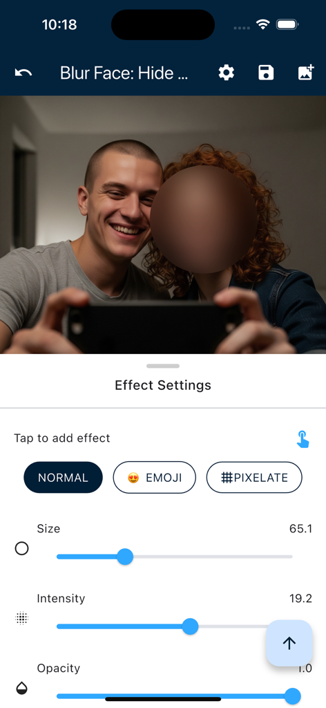 Screenshot of the Blur Face Editor tool showing a face blurred in a photo with adjustment sliders for size intensity and opacity