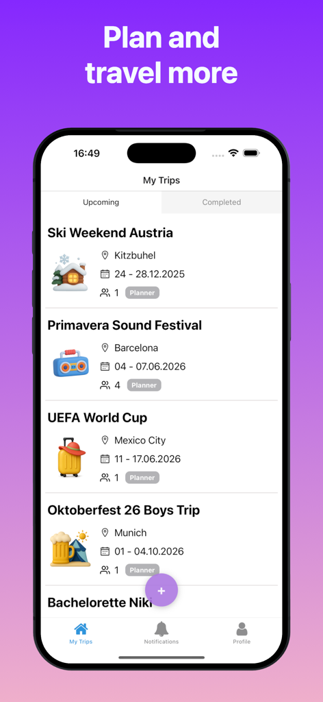 FlowTrip AI Group Trip Planner - Dashboard of the FlowTrip AI app showing a list of upcoming group trips like music festivals and sports events.