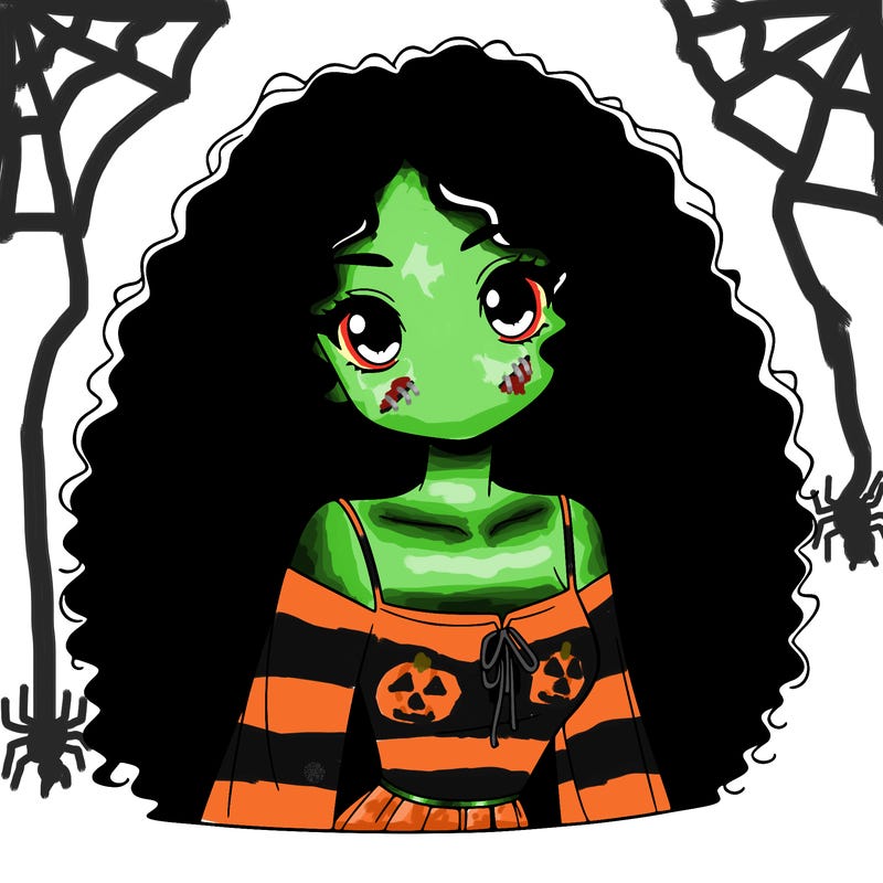 a black anime girl with long afro hair