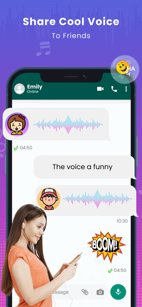 AI Voice Changer - Funny Prank - A woman using her phone to share funny voice notes with friends in a chat application