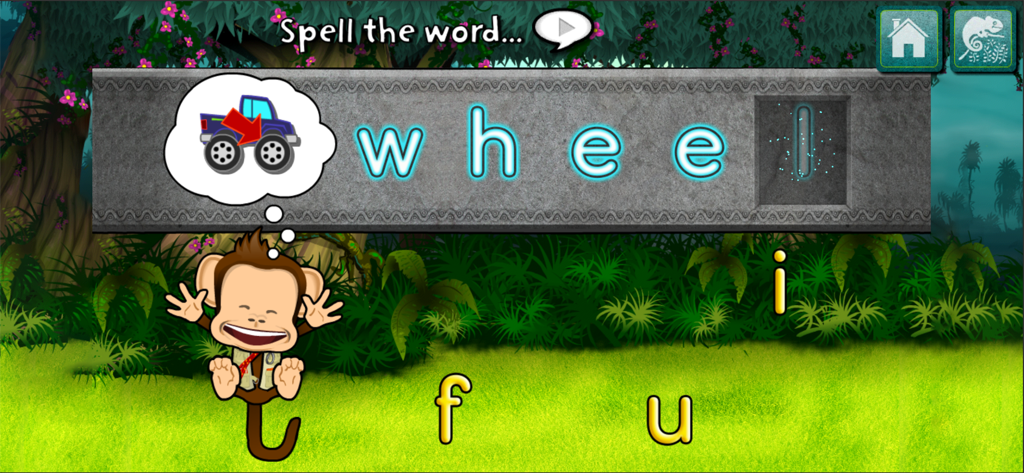 Un'attività di gioco di ortografia da Monkey Word School Adventure che mostra Milo la scimmia e un puzzle di parole per la parola 'ruota'.