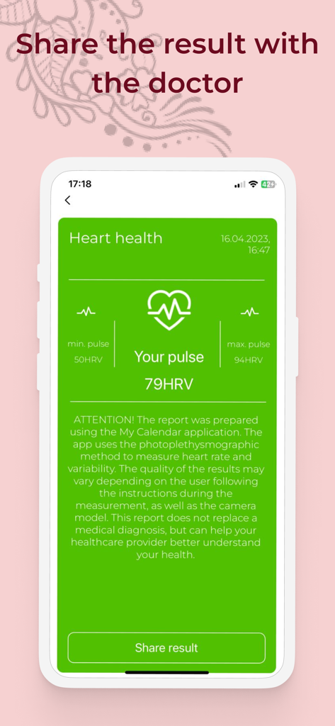 Period tracker : My Calendar - A green heart health report screen in the My Calendar app displaying pulse metrics and a share button for doctors