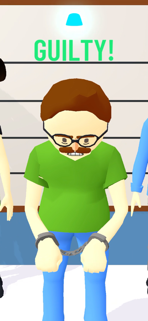 A character in handcuffs stands in a police lineup with the word GUILTY displayed above him