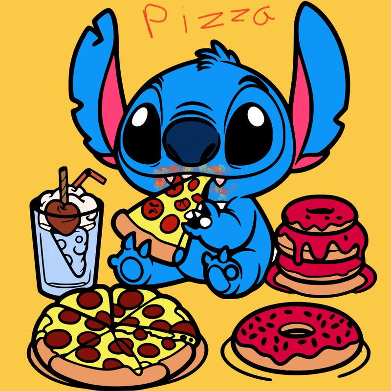 stich eating pizza and donuts