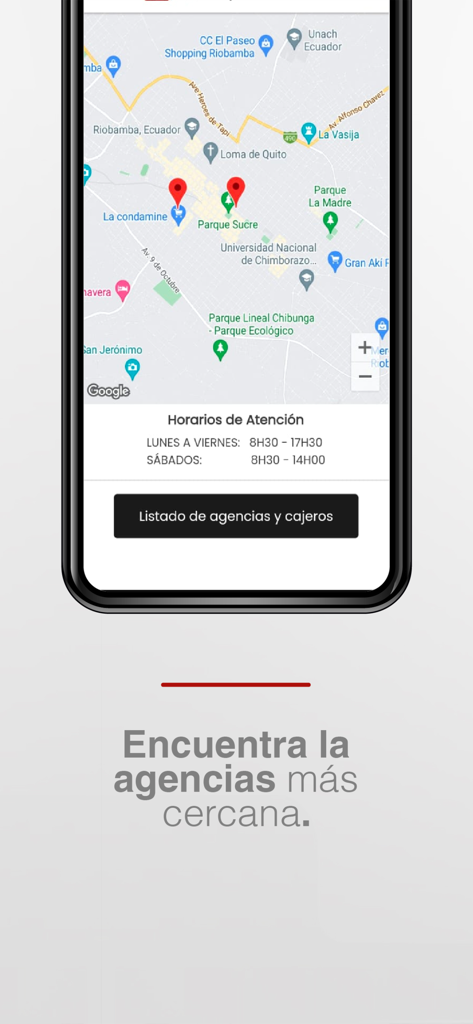 DaquiApp - Map interface in DaquiApp showing bank branch locations and business hours for Cooperativa Fernando Daquilema
