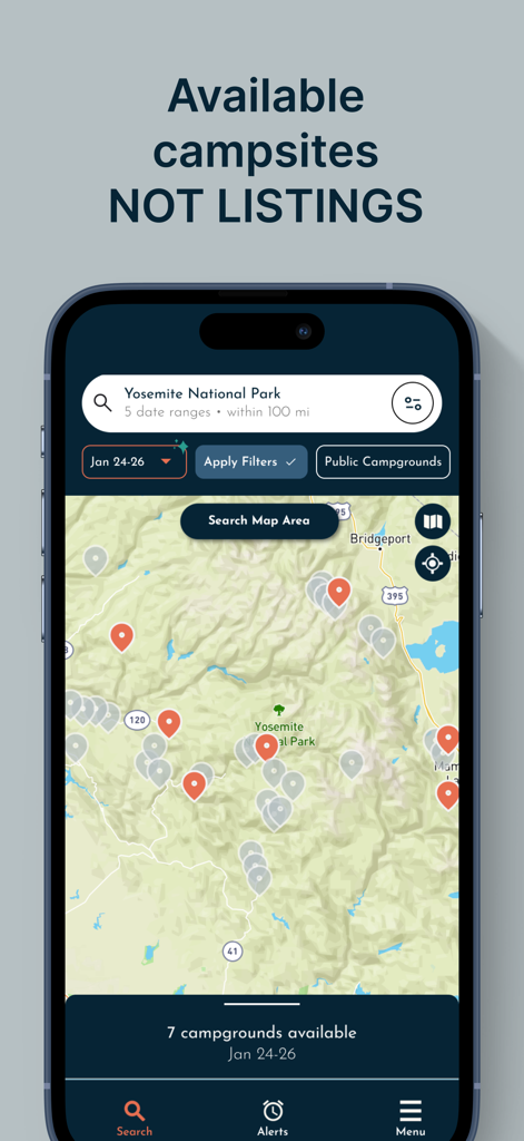 Campsite Tonight: Camping & RV - Mobile app screen showing real-time campsite availability map for Yosemite National Park.