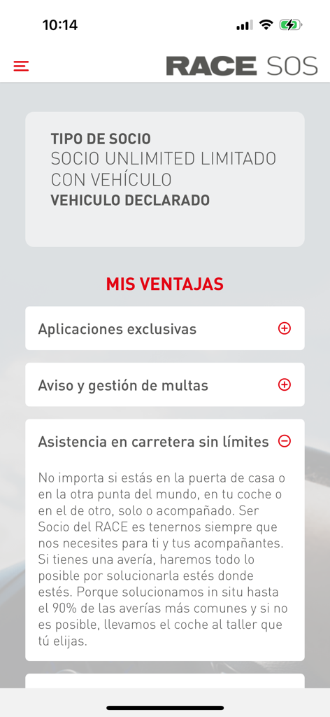 RACE SOS Asistencia - Affichage des avantages d'adhésion et des informations sur l'assistance routière illimitée dans l'application RACE SOS