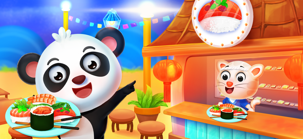 Sushi Maker—Kids Cooking Games - A happy cartoon panda holding a plate of colorful sushi in front of a sushi stall with a cat chef.