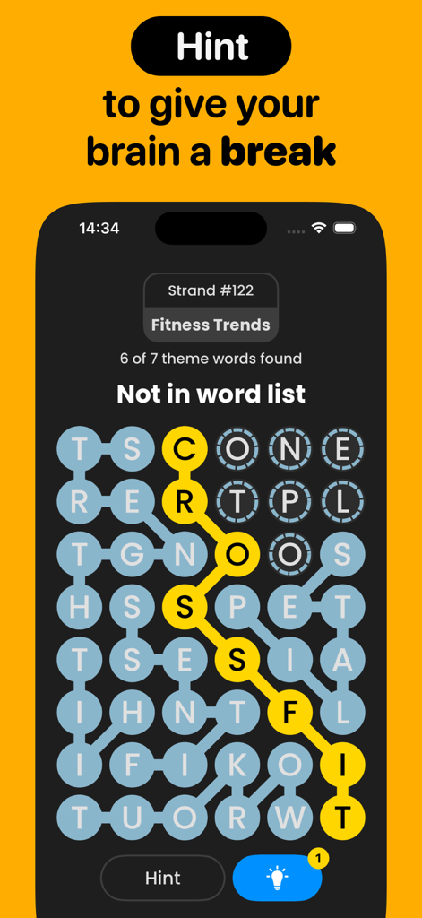 Strands Puzzle: Find Words - Strands word puzzle gameplay showing a fitness theme word search grid and a hint feature button