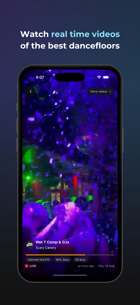LINES Your Go-To For Going Out - Smartphone screen showing a live video feed of a busy nightclub dance floor with vibrant lighting.