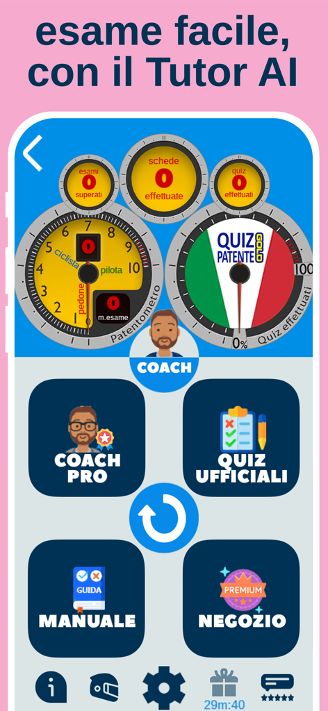 Quiz Patente B - Drivoo - Home screen of Quiz Patente B Drivoo app showing AI coach and driving study modules.