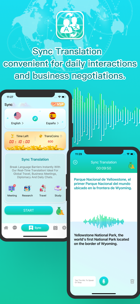 실시간 음성 번역을 위한 Live Translator 앱의 동기화 번역 인터페이스 영어 및 스페인어