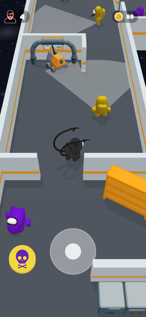 Top-down gameplay of Super Cloner 3D showing a character navigating a maze filled with colorful enemies and vision cones