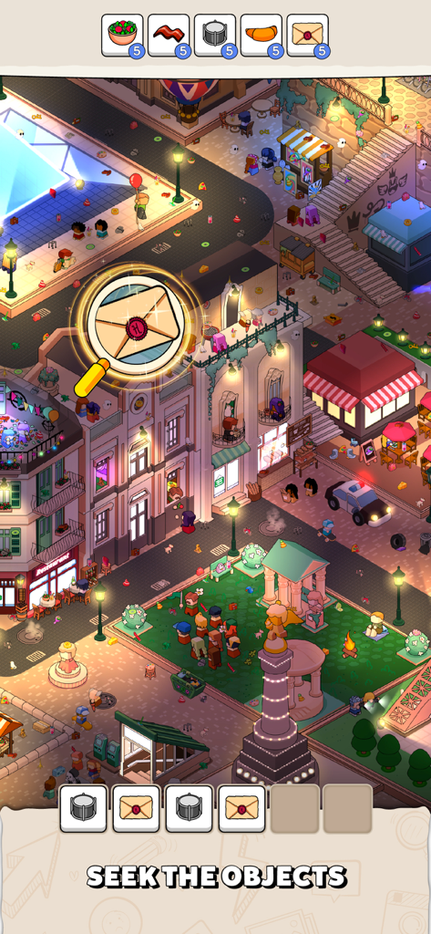 Gameplay screenshot of Where Is Find Hidden Objects showing a magnifying glass over an envelope in a busy city square