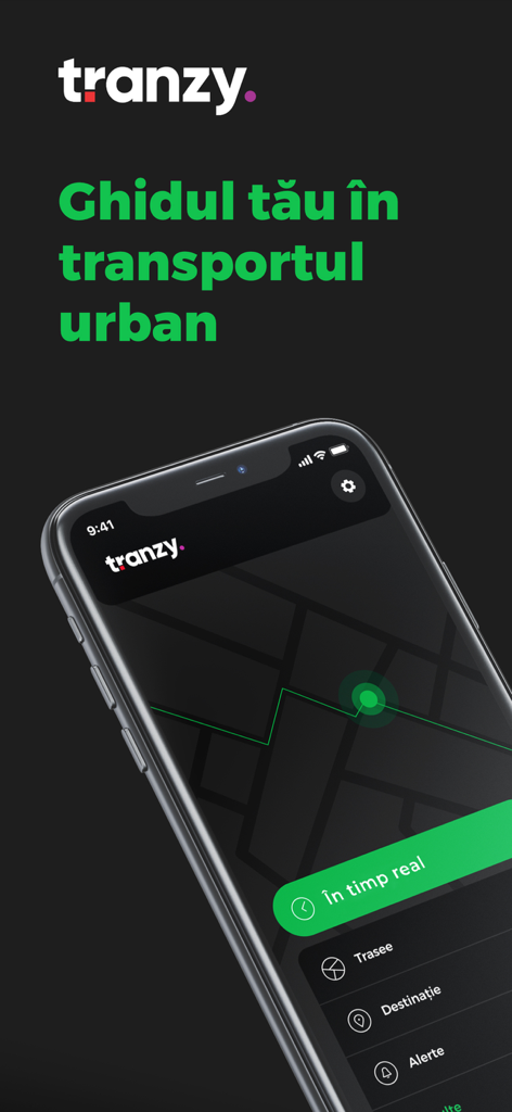 Tranzy - Smartphone affichant l'interface de l'application Tranzy avec une carte de transport en temps réel et des fonctionnalités de navigation