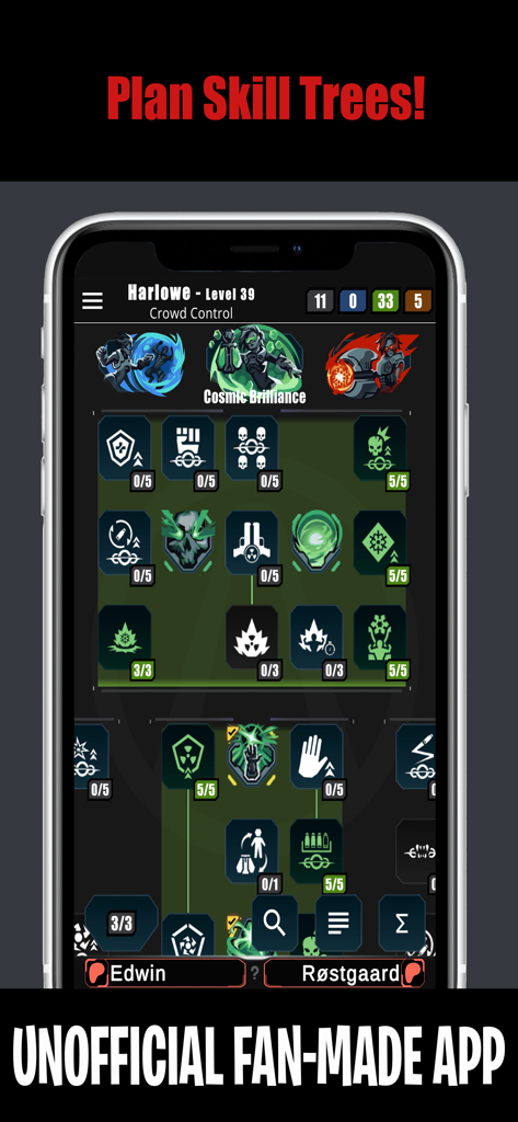 Mobile app interface showing the skill tree planning for the character Harlowe in Borderlands 4
