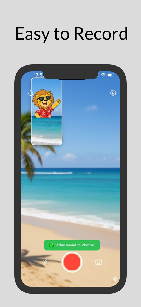 듀오 캠 앱 스크린샷으로 화면 속 화면 오버레이와 비디오가 사진에 저장되었다는 알림이 있는 듀얼 카메라 해변 녹화를 보여줍니다.