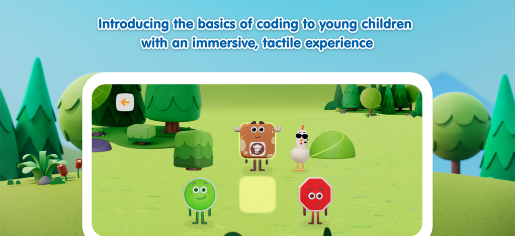 Meet the Wonderblocks - Interface do aplicativo Meet the Wonderblocks mostrando personagens animados em um campo verde ensinando noções básicas de programação para crianças