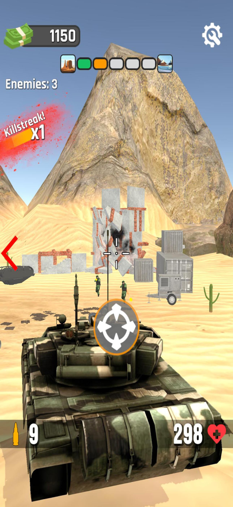 Gameplay screenshot showing a camouflage tank in a desert canyon aiming at enemy soldiers with a 3D interface