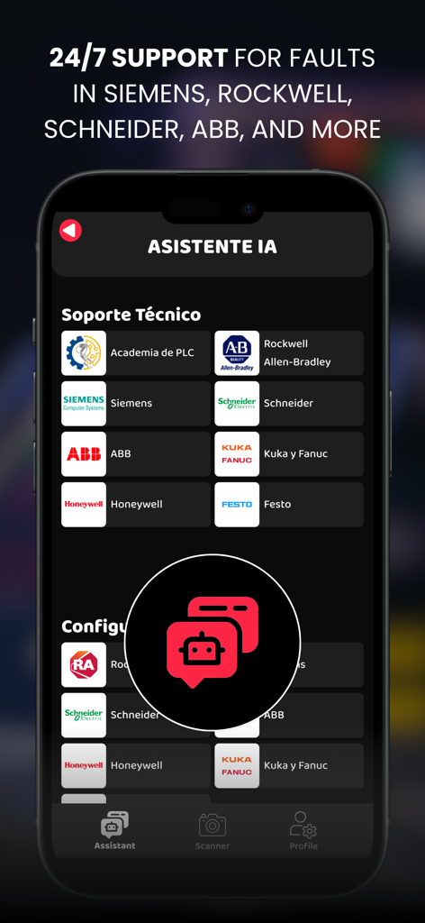 La pantalla del Asistente de IA en la aplicación PLC AI que enumera las marcas compatibles para el diagnóstico de fallos industriales