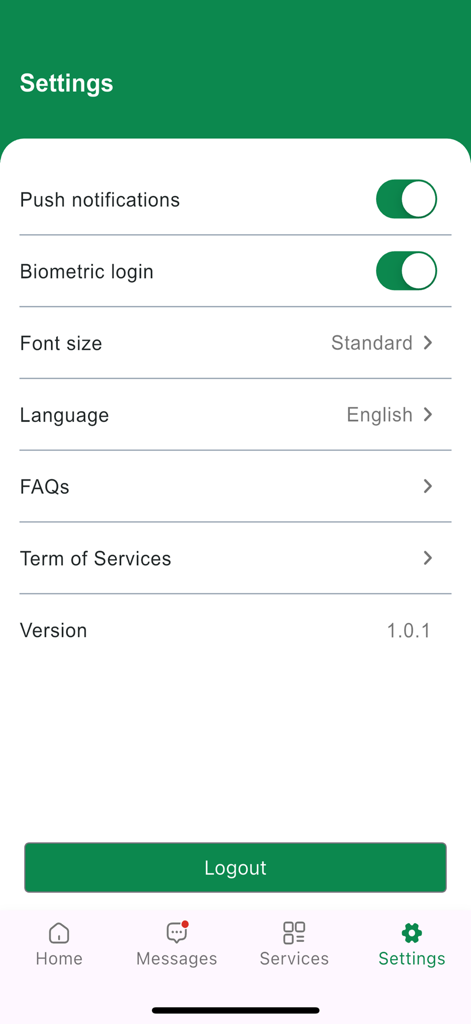 eTAX by IRD - Settings interface of the eTAX by IRD mobile app showing options for biometric login and push notifications