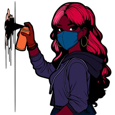 realistic girl with mask spray painting a wall