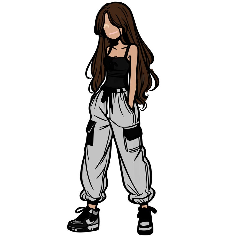 girl in baggy pants crop top and long hair