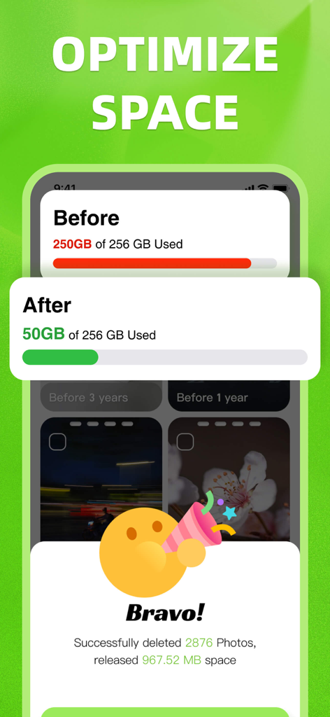 PhotoKit: Cleanup your storage - PhotoKitを使用して写真を削除する前後の携帯電話ストレージ最適化を示すiPhone画面