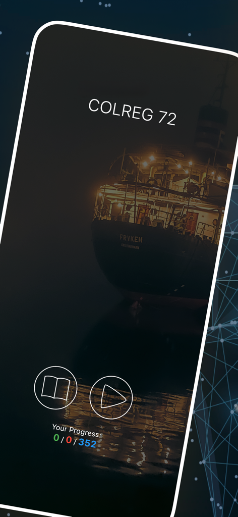 COLREG 72 maritime safety app home screen featuring a ship at night and learning progress