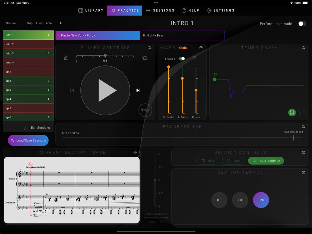 GPhil - GPhil app practice dashboard featuring orchestral mixer tempo graph and digital sheet music