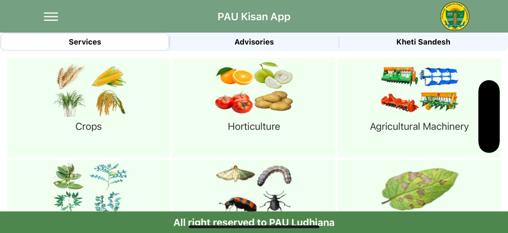 Dashboard of PAU Kisan App showing agricultural services including crops horticulture and machinery