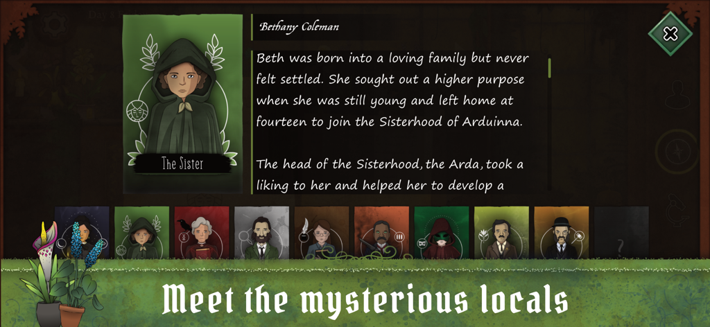 Strange Horticulture - A character profile for Bethany Coleman showing her backstory and a row of mysterious local characters in the game Strange Horticulture
