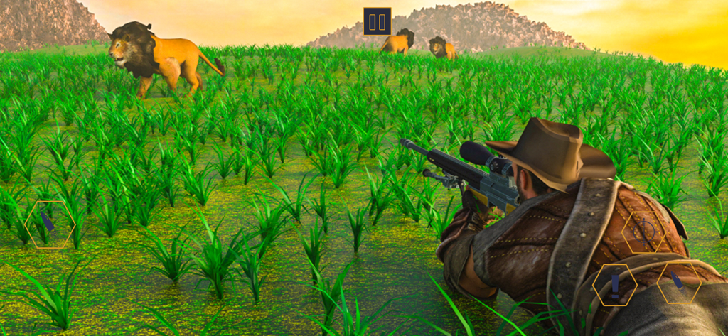 Deer Hunter Animal Simulator - Un cazador apuntando con un rifle de francotirador a leones en un campo de hierba en Deer Hunter Animal Simulator.