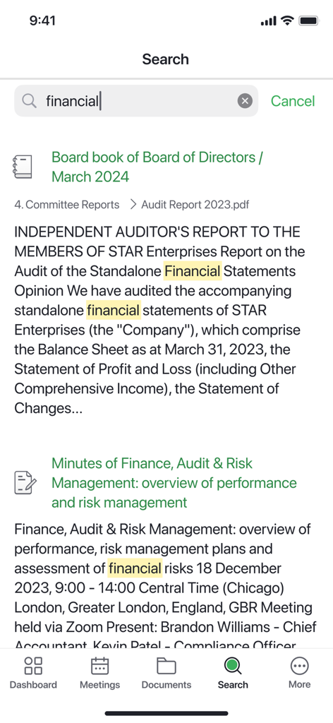 Ideals Board - Suchoberfläche in der Ideals Board-App, die Ergebnisse für Finanzberichte und Besprechungsprotokolle anzeigt.