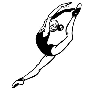 gymnast doing a leap in a leotard with a bent back leg