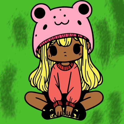 a girl wearing a frog hat and some frog socks