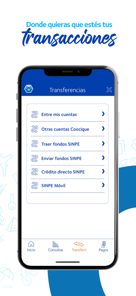 Coocique - Coocique app interface displaying money transfer options including SINPE Mobil and internal accounts