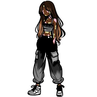 girl in baggy pants crop top and long hair