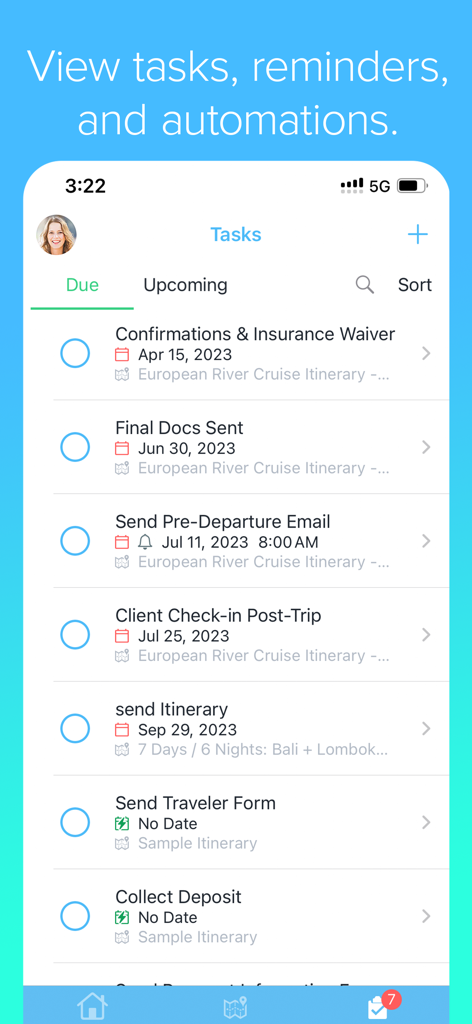 Travefy Pro app interface showing a list of due tasks and reminders for travel advisors