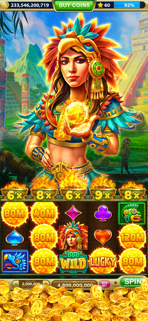 Slots Rush game interface featuring an Aztec theme with sun symbols and gold coins